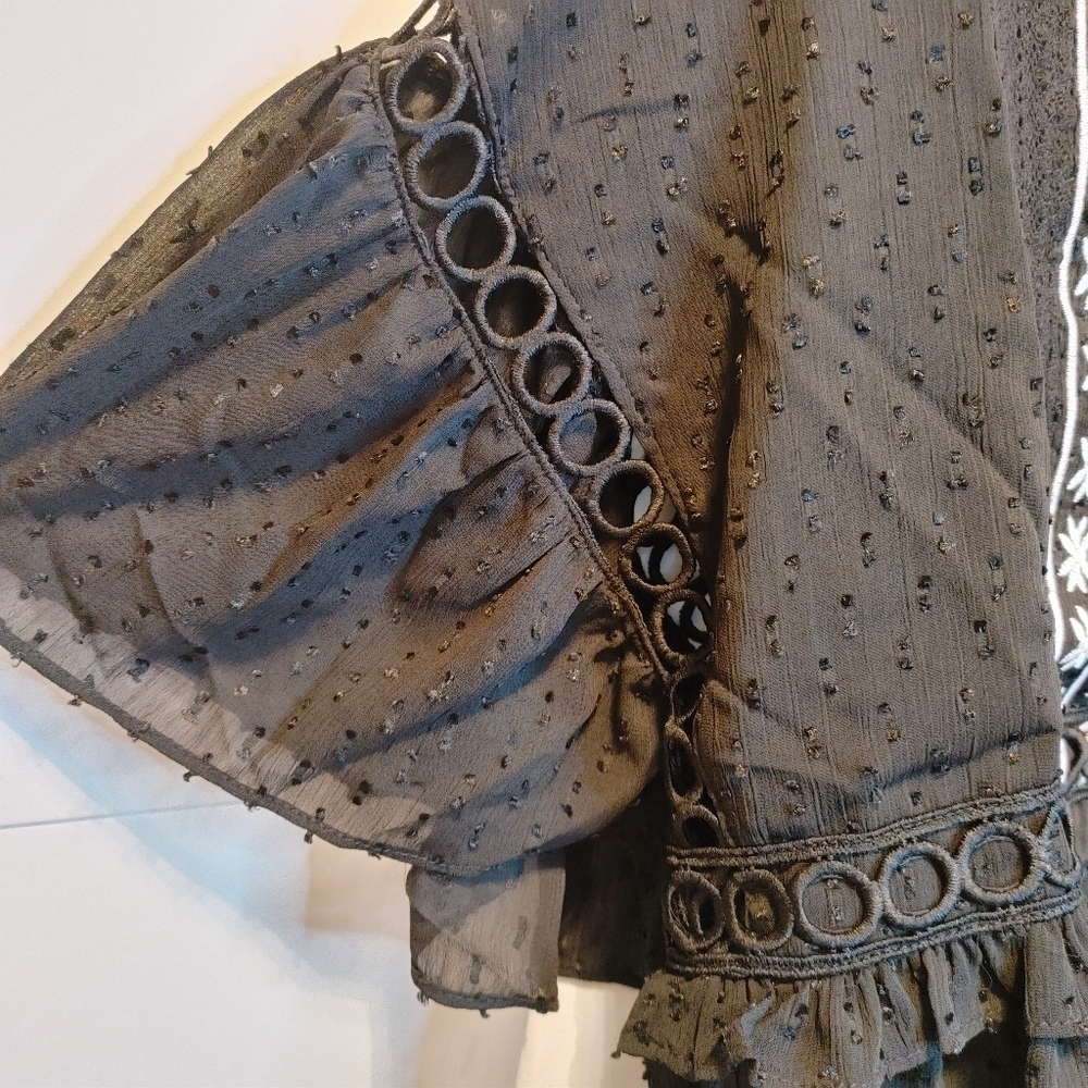 Boho Embroidered Peplum Blouse NWT Sheer Swiss Dot Black Top - Picture 10 of 11
